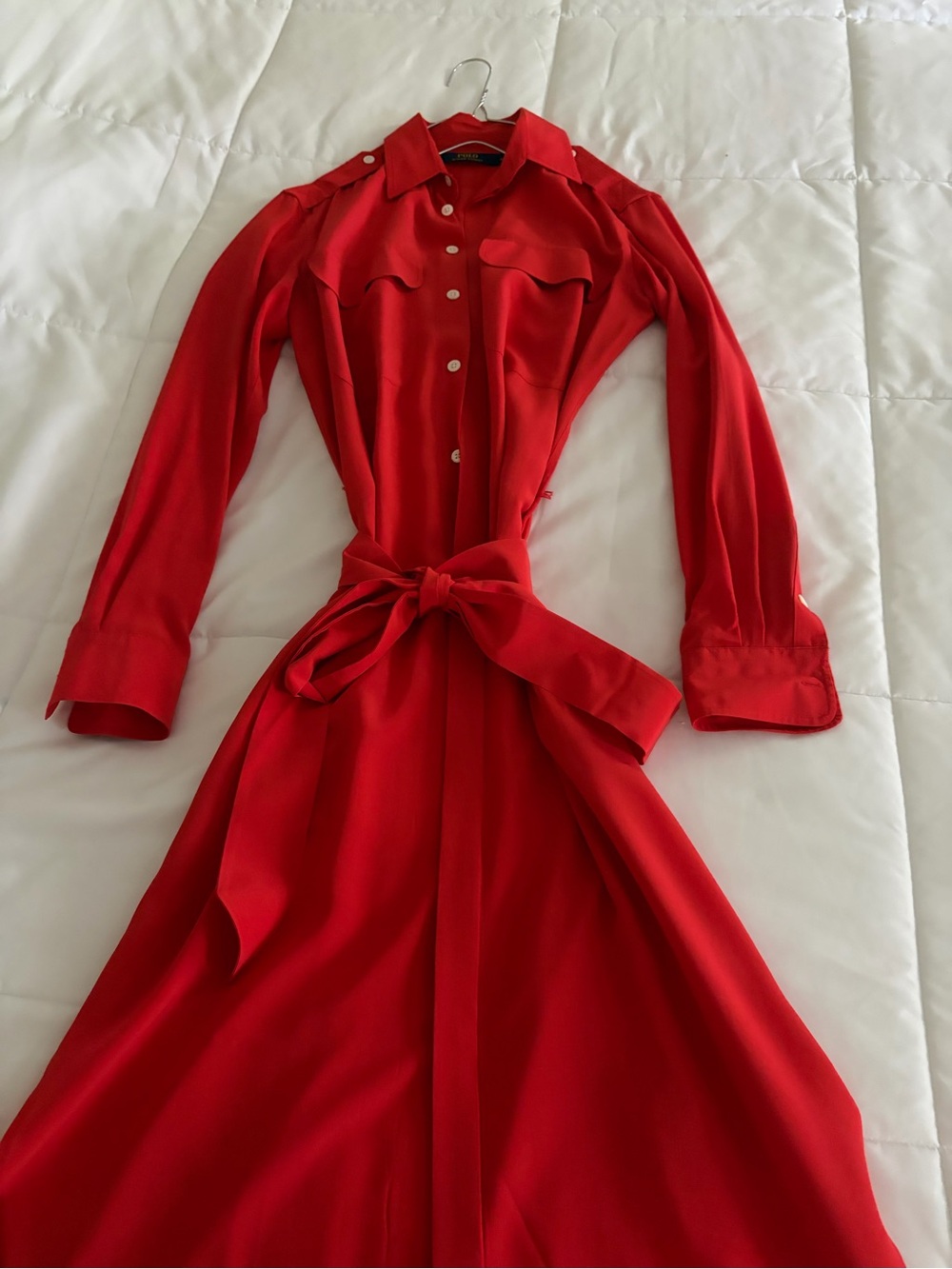 Ralph Lauren Red Long Sleeve Shirt Dress with Waist Tie
